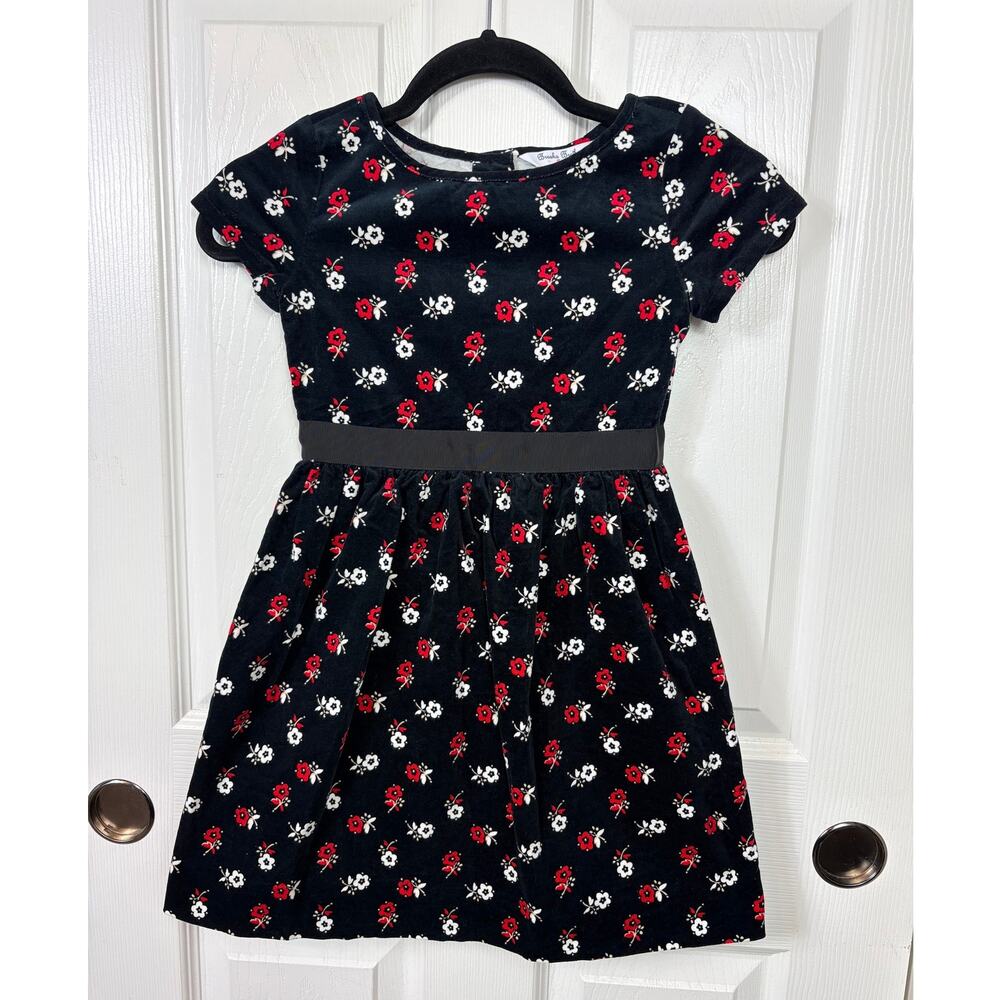 Brooks Brothers Girls Black Floral Cotton Velvet Holiday Party Dress Size 5